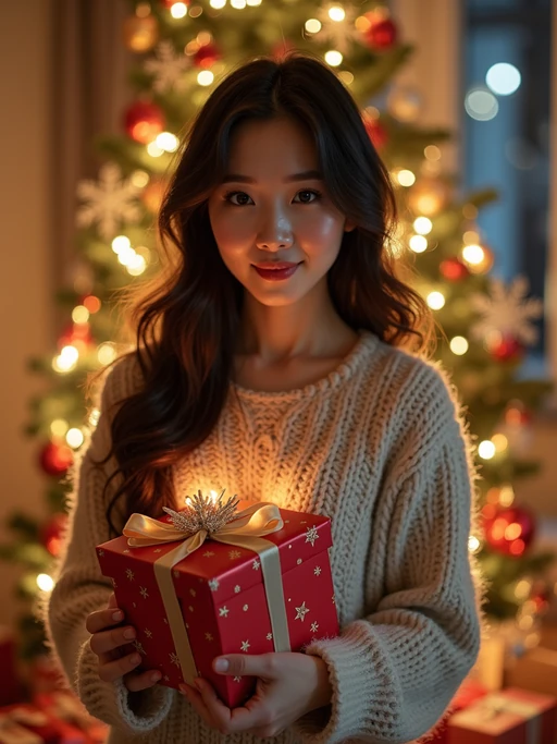 A model posing in front of a Christmas tree, holding presents, with snowflakes and festive lights in the background.