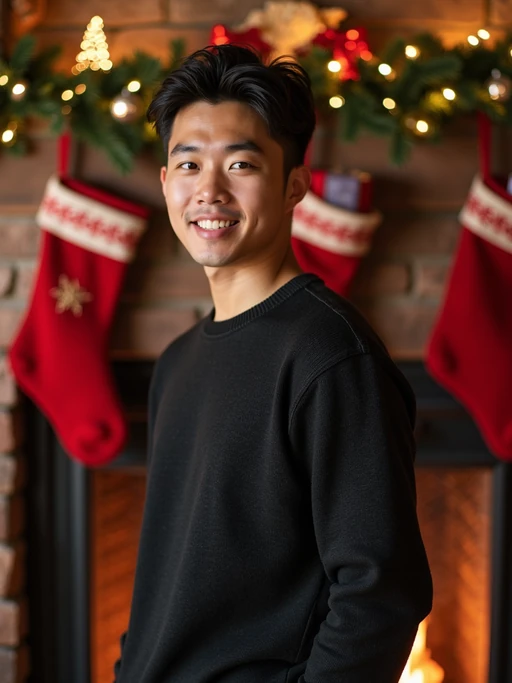 A model posing for a Christmas card photo, standing in front of a fireplace with stockings, garland, and holiday decorations.