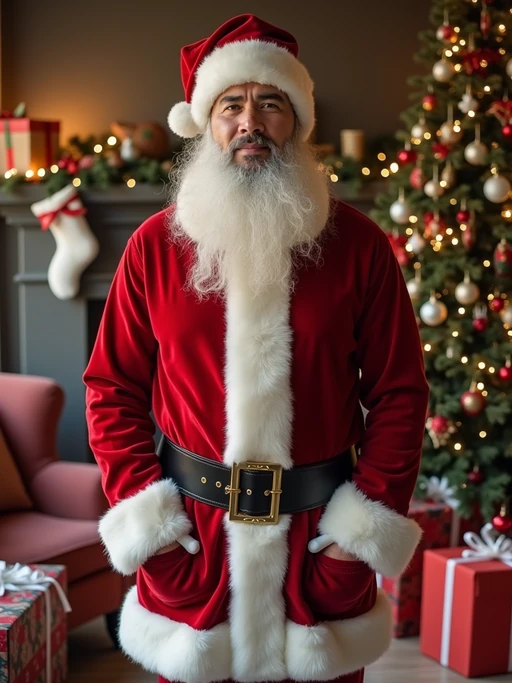 A model dressed in a classic Santa costume, standing in a room filled with holiday decorations, presents, and a Christmas tree.