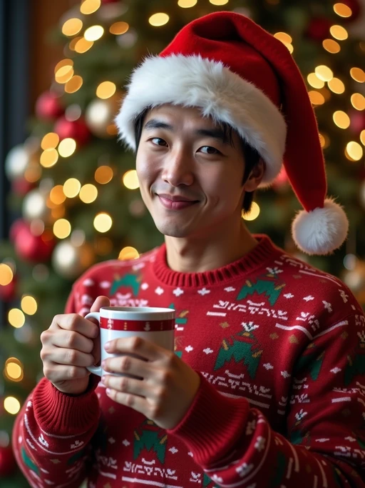 A model wearing Christmas sweaters and Santa hats, enjoying hot cocoa in front of a decorated Christmas tree.