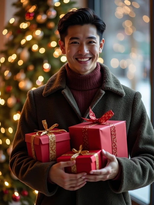 A model posing in front of a Christmas tree, holding presents, with snowflakes and festive lights in the background.