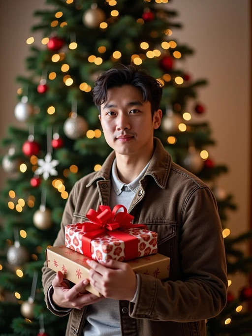 A model posing in front of a Christmas tree, holding presents, with snowflakes and festive lights in the background.