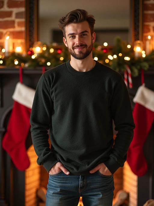 A model posing for a Christmas card photo, standing in front of a fireplace with stockings, garland, and holiday decorations.
