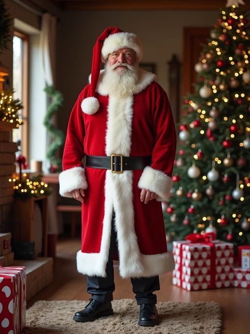 A model dressed in a classic Santa costume, standing in a room filled with holiday decorations, presents, and a Christmas tree.