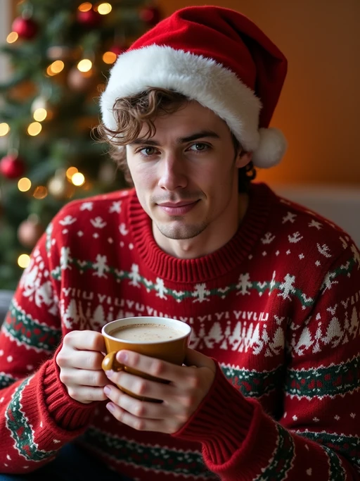 A model wearing Christmas sweaters and Santa hats, enjoying hot cocoa in front of a decorated Christmas tree.