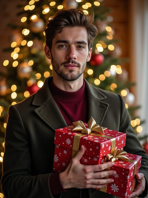A model posing in front of a Christmas tree, holding presents, with snowflakes and festive lights in the background.
