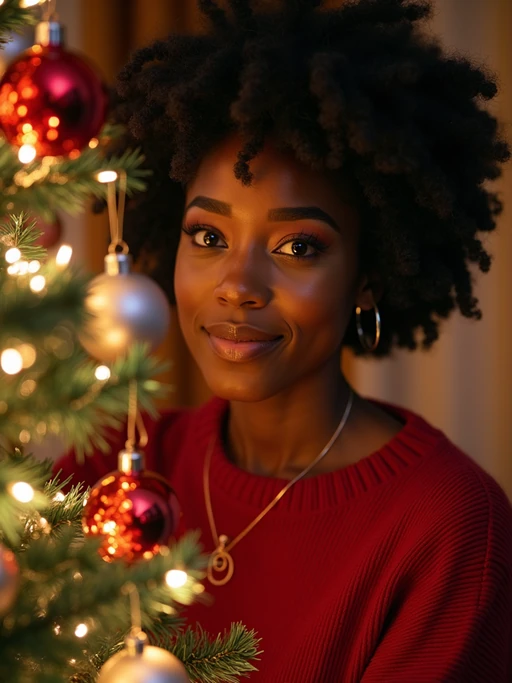 A model decorating a Christmas tree with colorful ornaments and tinsel, in a warm, festive setting.