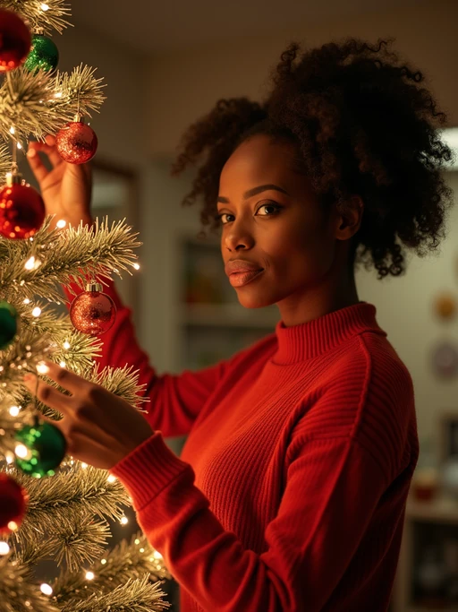 A model decorating a Christmas tree with colorful ornaments and tinsel, in a warm, festive setting.