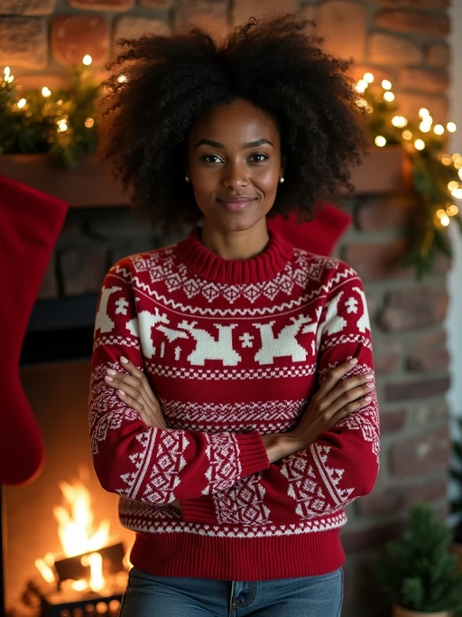 A model wearing a cozy Christmas sweater, standing by the fireplace with stockings and holiday decorations.