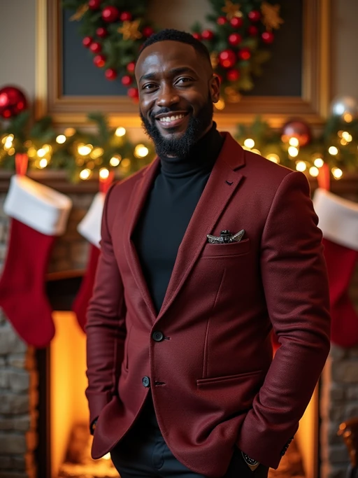 A model posing for a Christmas card photo, standing in front of a fireplace with stockings, garland, and holiday decorations.