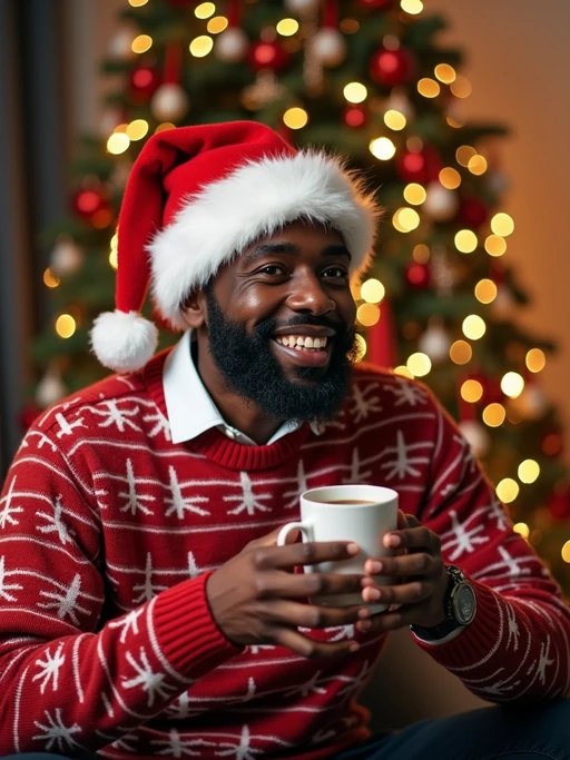 A model wearing Christmas sweaters and Santa hats, enjoying hot cocoa in front of a decorated Christmas tree.