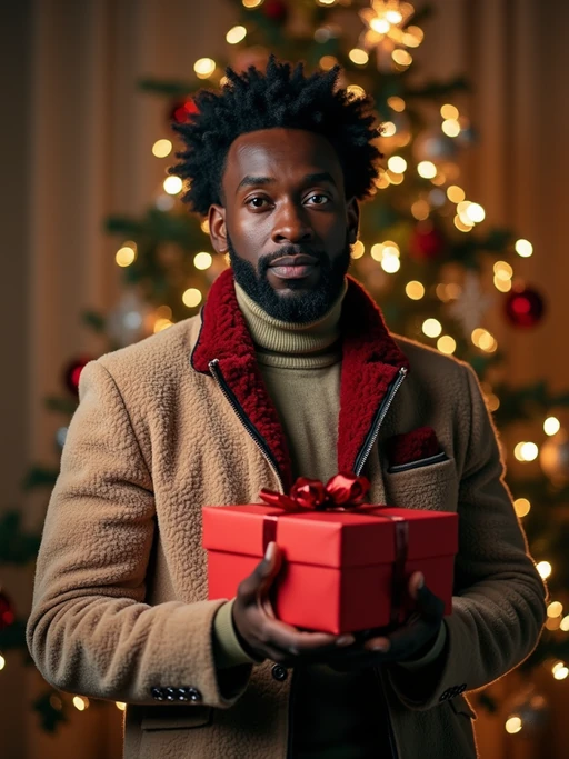 A model posing in front of a Christmas tree, holding presents, with snowflakes and festive lights in the background.