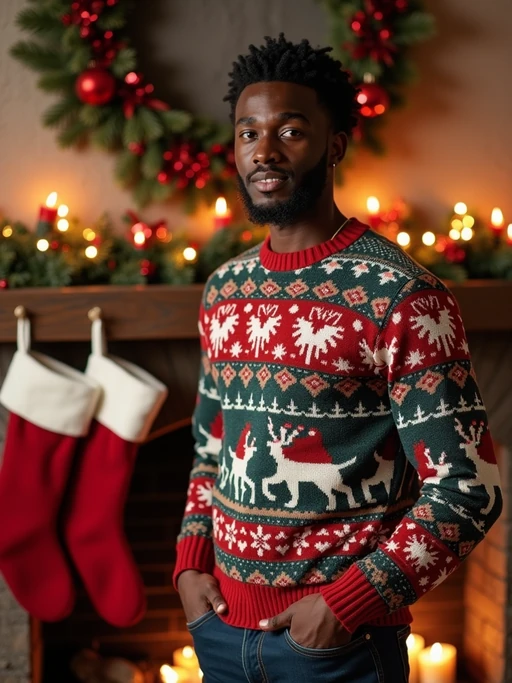 A model wearing a cozy Christmas sweater, standing by the fireplace with stockings and holiday decorations.