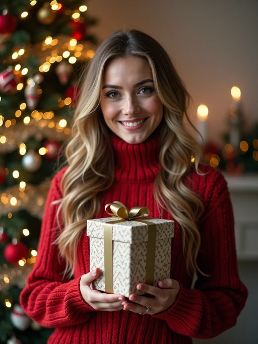 A model posing in front of a Christmas tree, holding presents, with snowflakes and festive lights in the background.