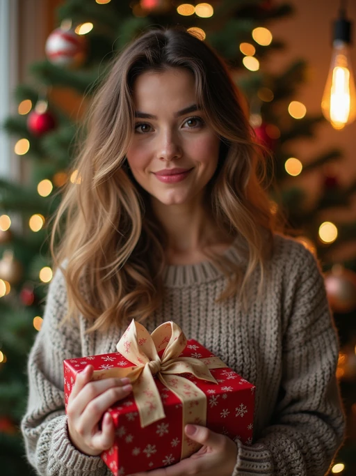 A model posing in front of a Christmas tree, holding presents, with snowflakes and festive lights in the background.
