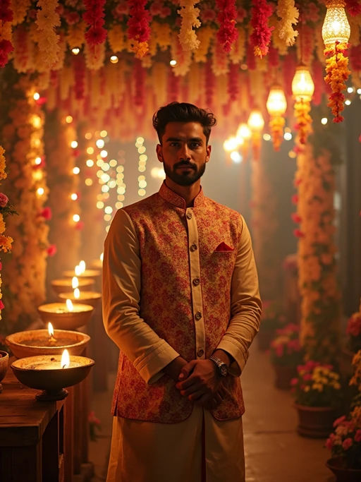 A model standing near a beautifully decorated Diwali backdrop with hanging lights, flowers, and diyas, exuding the festive spirit in a traditional dress.