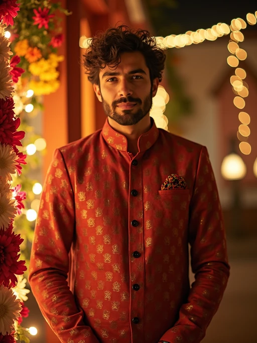 A model standing near a beautifully decorated Diwali backdrop with hanging lights, flowers, and diyas, exuding the festive spirit in a traditional dress.