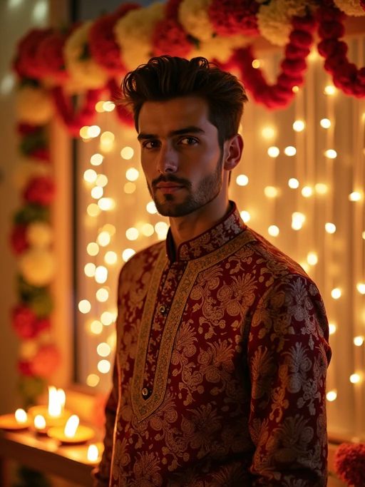 A model standing near a beautifully decorated Diwali backdrop with hanging lights, flowers, and diyas, exuding the festive spirit in a traditional dress.