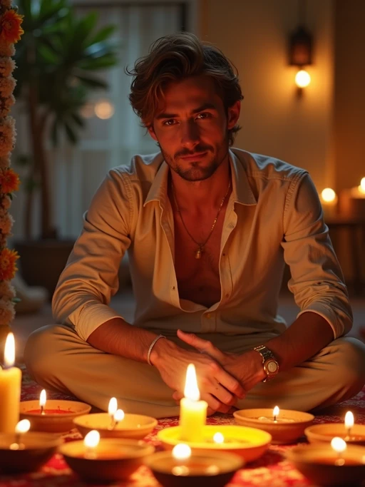 A photo with a model posing around a decorated puja area, with candles, diyas, and traditional Indian sweets on display.
