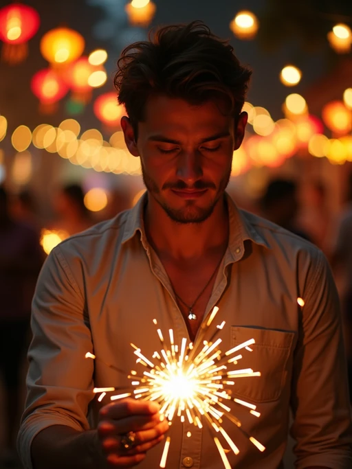 A model lighting sparklers outdoors in a vibrant setting with Diwali decorations like string lights and lanterns.