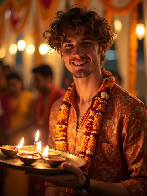A model holding a thali (plate) with diyas, wearing ethnic attire, and smiling against a backdrop of decorative lights and marigold garlands.