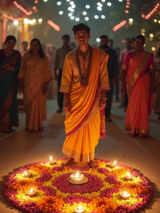 A model wearing a traditional Indian outfit like a sari or kurta, standing beside a rangoli made of colorful flowers and lit diyas, with a festive backdrop.