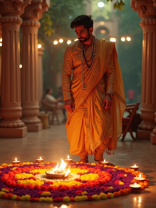 A model wearing a traditional Indian outfit like a sari or kurta, standing beside a rangoli made of colorful flowers and lit diyas, with a festive backdrop.