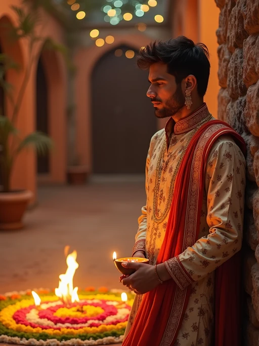A model wearing a traditional Indian outfit like a sari or kurta, standing beside a rangoli made of colorful flowers and lit diyas, with a festive backdrop.