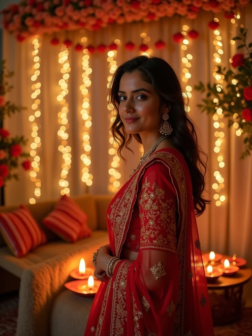 A model standing near a beautifully decorated Diwali backdrop with hanging lights, flowers, and diyas, exuding the festive spirit in a traditional dress.