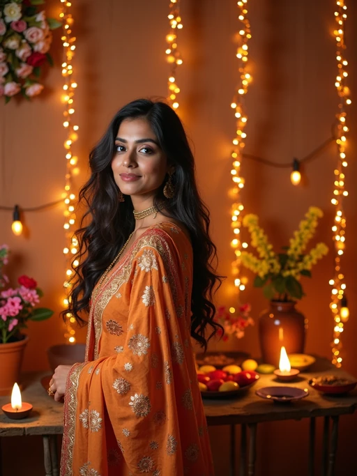 A model standing near a beautifully decorated Diwali backdrop with hanging lights, flowers, and diyas, exuding the festive spirit in a traditional dress.