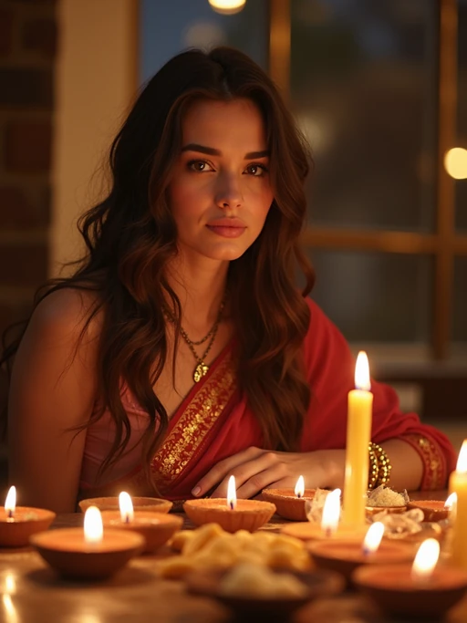 A photo with a model posing around a decorated puja area, with candles, diyas, and traditional Indian sweets on display.