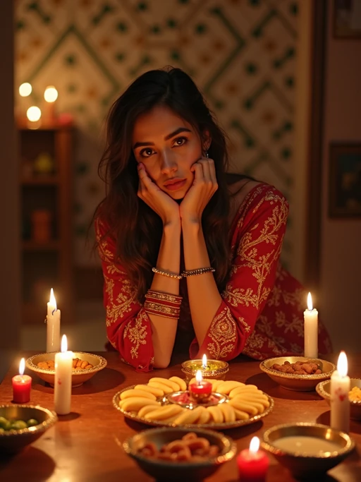 A photo with a model posing around a decorated puja area, with candles, diyas, and traditional Indian sweets on display.