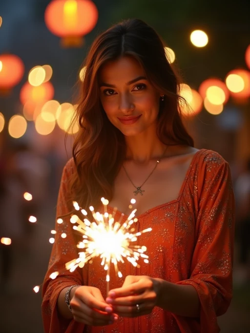 A model lighting sparklers outdoors in a vibrant setting with Diwali decorations like string lights and lanterns.