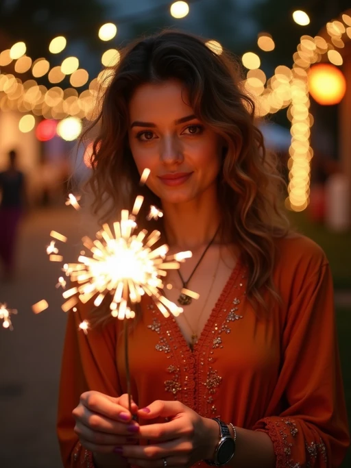 A model lighting sparklers outdoors in a vibrant setting with Diwali decorations like string lights and lanterns.