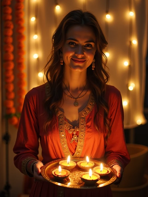 A model holding a thali (plate) with diyas, wearing ethnic attire, and smiling against a backdrop of decorative lights and marigold garlands.