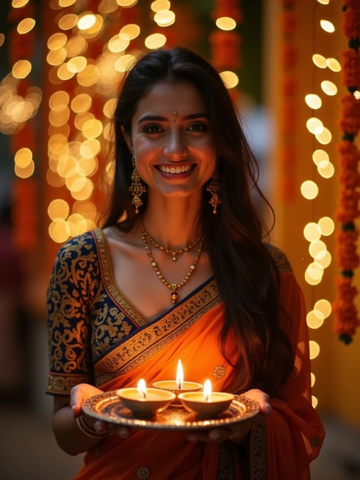 A model holding a thali (plate) with diyas, wearing ethnic attire, and smiling against a backdrop of decorative lights and marigold garlands.