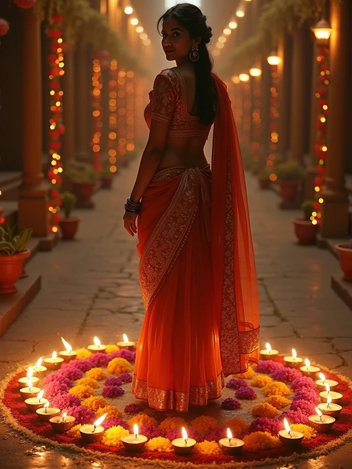 A model wearing a traditional Indian outfit like a sari or kurta, standing beside a rangoli made of colorful flowers and lit diyas, with a festive backdrop.