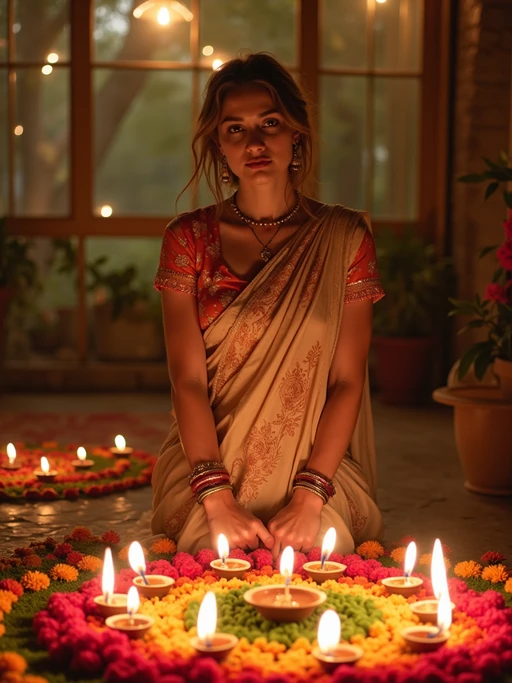 A model wearing a traditional Indian outfit like a sari or kurta, standing beside a rangoli made of colorful flowers and lit diyas, with a festive backdrop.