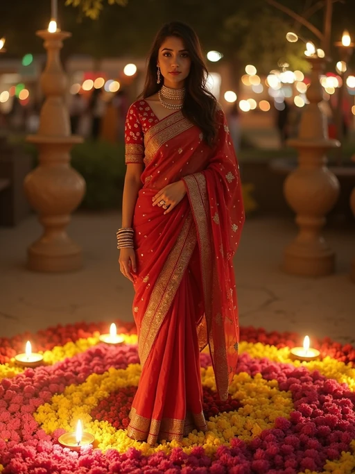 A model wearing a traditional Indian outfit like a sari or kurta, standing beside a rangoli made of colorful flowers and lit diyas, with a festive backdrop.