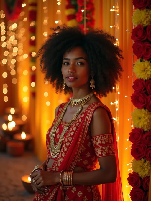 A model standing near a beautifully decorated Diwali backdrop with hanging lights, flowers, and diyas, exuding the festive spirit in a traditional dress.