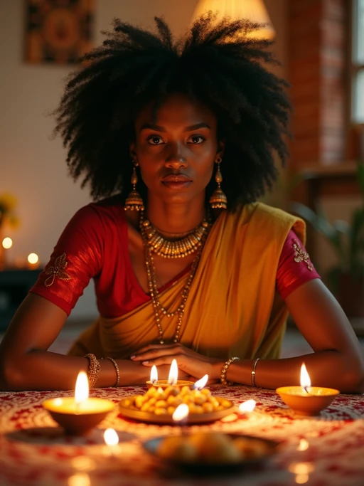 A photo with a model posing around a decorated puja area, with candles, diyas, and traditional Indian sweets on display.