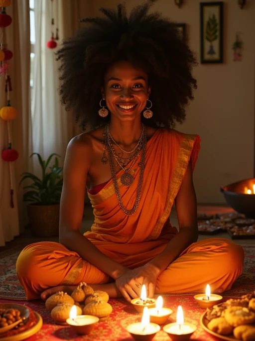 A photo with a model posing around a decorated puja area, with candles, diyas, and traditional Indian sweets on display.