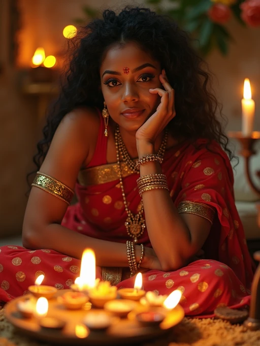 A photo with a model posing around a decorated puja area, with candles, diyas, and traditional Indian sweets on display.