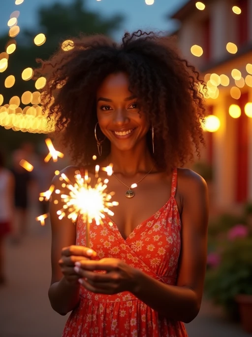 A model lighting sparklers outdoors in a vibrant setting with Diwali decorations like string lights and lanterns.
