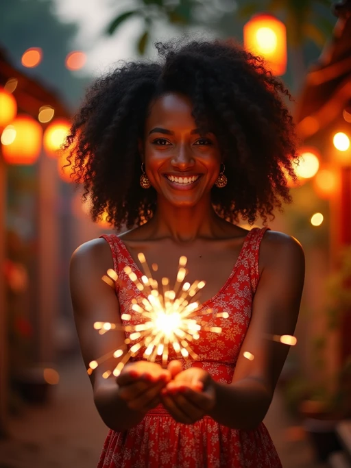 A model lighting sparklers outdoors in a vibrant setting with Diwali decorations like string lights and lanterns.