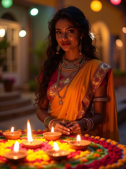 A model wearing a traditional Indian outfit like a sari or kurta, standing beside a rangoli made of colorful flowers and lit diyas, with a festive backdrop.