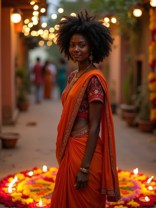 A model wearing a traditional Indian outfit like a sari or kurta, standing beside a rangoli made of colorful flowers and lit diyas, with a festive backdrop.