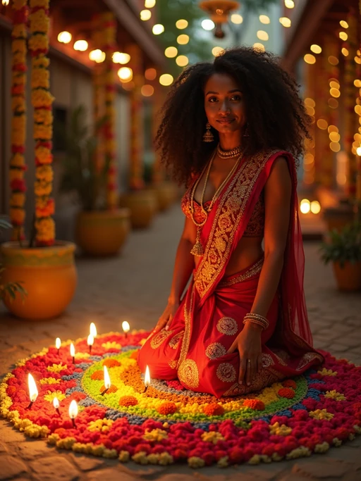 A model wearing a traditional Indian outfit like a sari or kurta, standing beside a rangoli made of colorful flowers and lit diyas, with a festive backdrop.