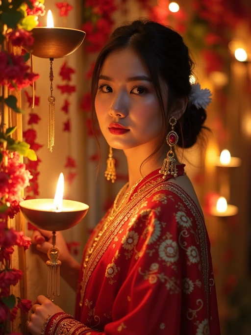 A model standing near a beautifully decorated Diwali backdrop with hanging lights, flowers, and diyas, exuding the festive spirit in a traditional dress.
