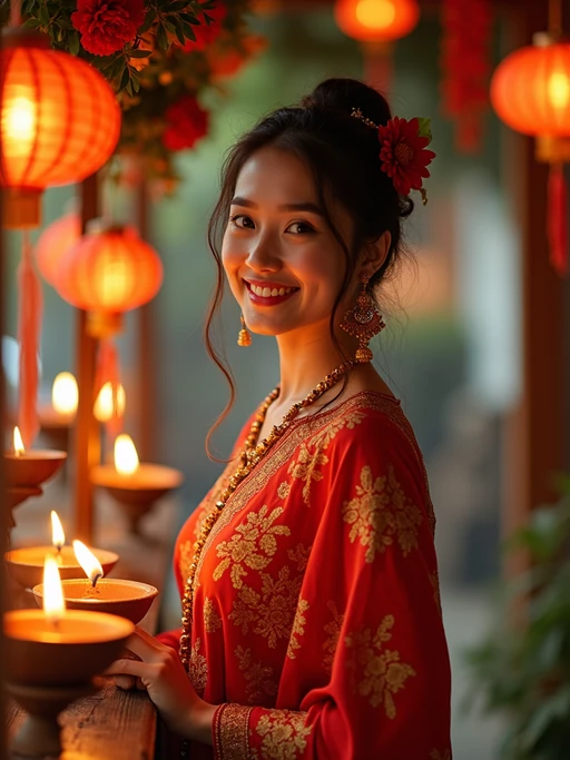 A model standing near a beautifully decorated Diwali backdrop with hanging lights, flowers, and diyas, exuding the festive spirit in a traditional dress.